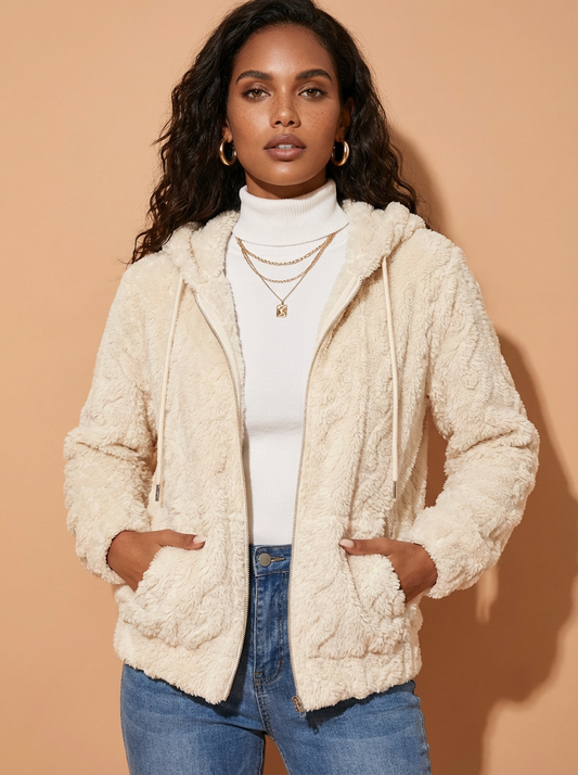 Drawstring Zip-Up Fleece Hooded Outerwear