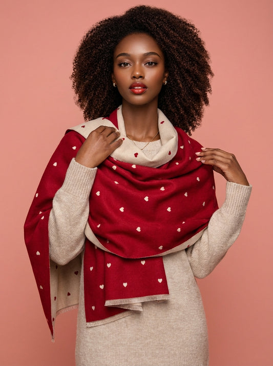 Heart-Patterned Raw Hem Winter Scarf
