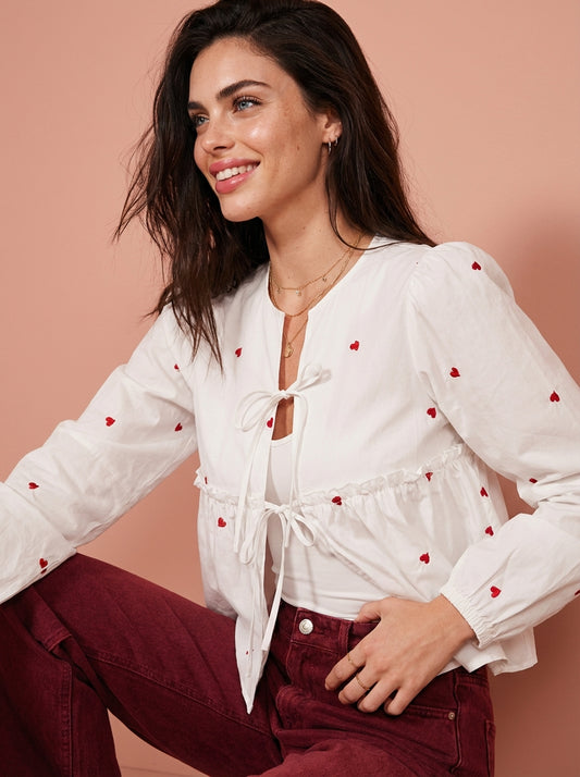 So Lovely Front Tie Heart Embroidered Blouse With Puff Sleeve