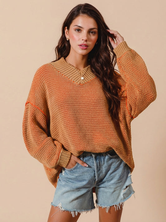 Alana Oversized Two Tone Textured V Neck Sweater