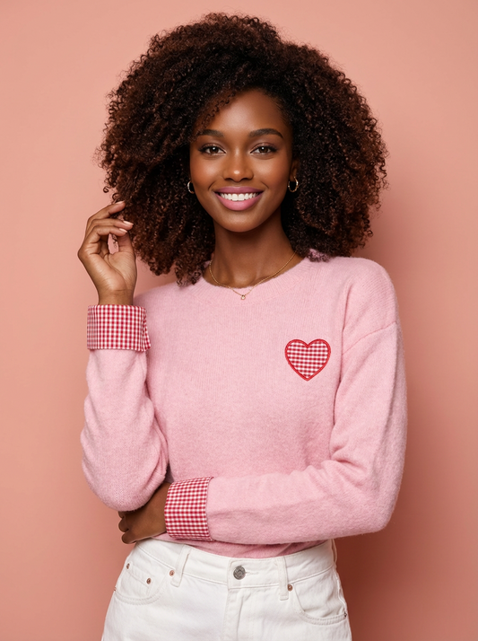 Lori Plaid Heart Embroidered Cuffed Drop Shoulder Sweater