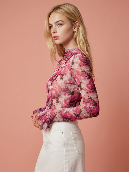 Floral Turtleneck Flounce Sleeve Blouse