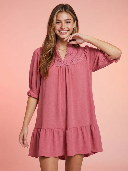Umgee Lace Yoke Tiered Mini Dress