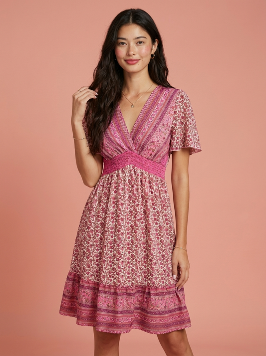 Devine Floral Smocked Waist Short Sleeve Mini Dress