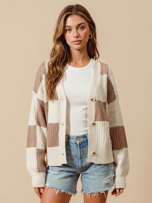 Darling Checkered Button Front Ribbed Sweater Cardigan