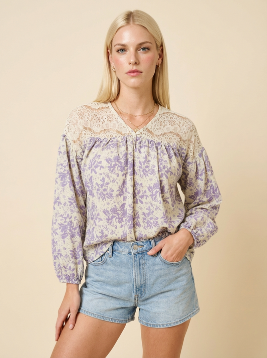 Hailey & Co Full Size Lace Detail Printed Blouse