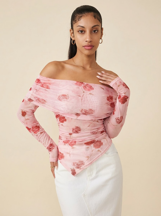 Deevani Floral Print Off-Shoulder Mesh Top