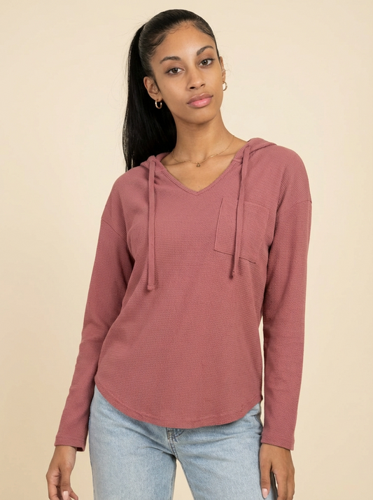 Cecile Waffle Knit Long Sleeve Hooded Top