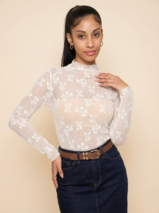 Bow Print Mock Neck Long Sleeve T-Shirt