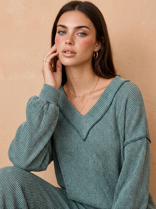 Hailey Cord Rib V-Neck Top and Pants Set