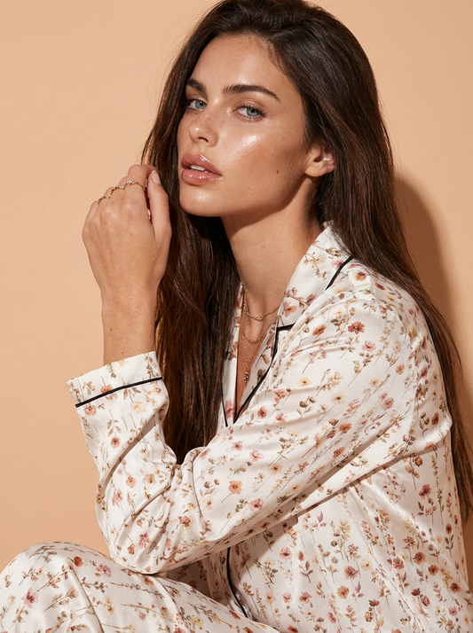 Spring Floral All-Over Print Satin Pajama Set