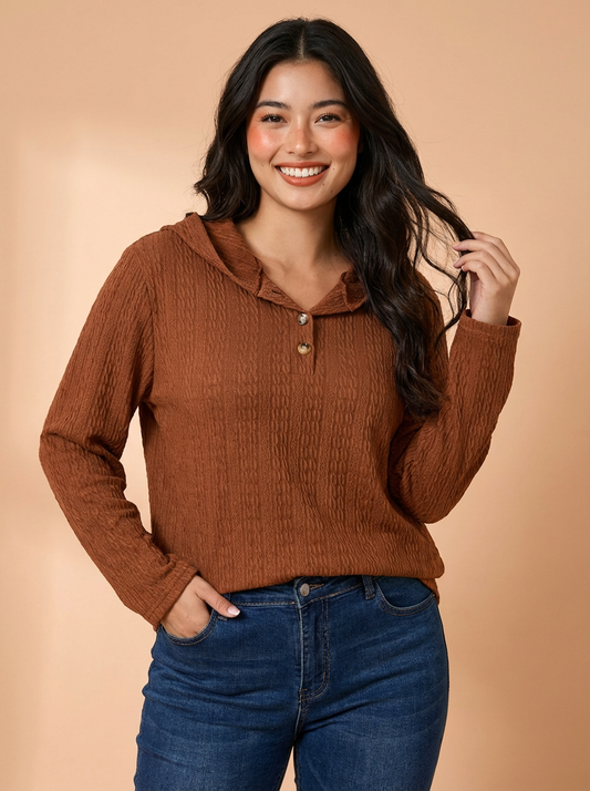 Cozy Lounge Brown Long Sleeve Hoodie Plus Size
