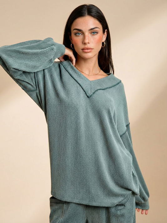 Hailey Cord Rib V-Neck Top and Pants Set