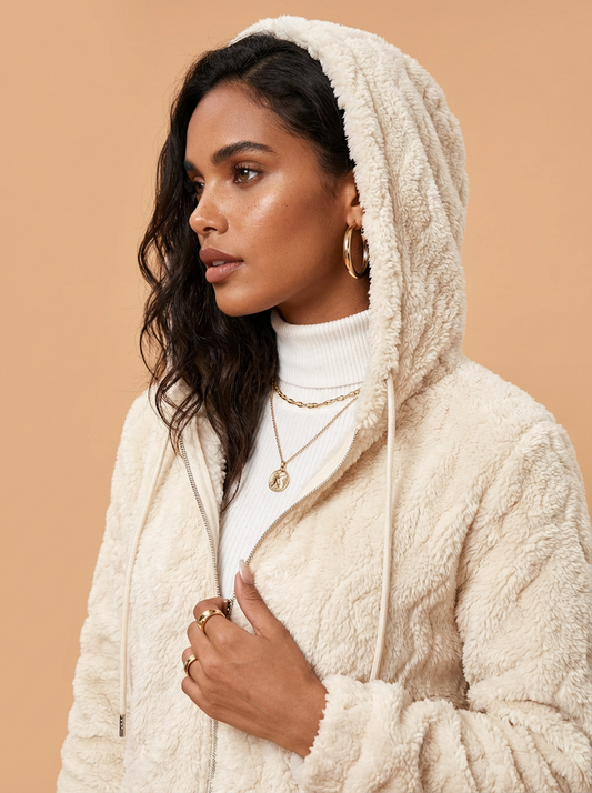 Drawstring Zip-Up Fleece Hooded Outerwear