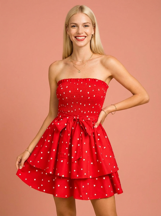 Smocked Heart Print Tube Dress
