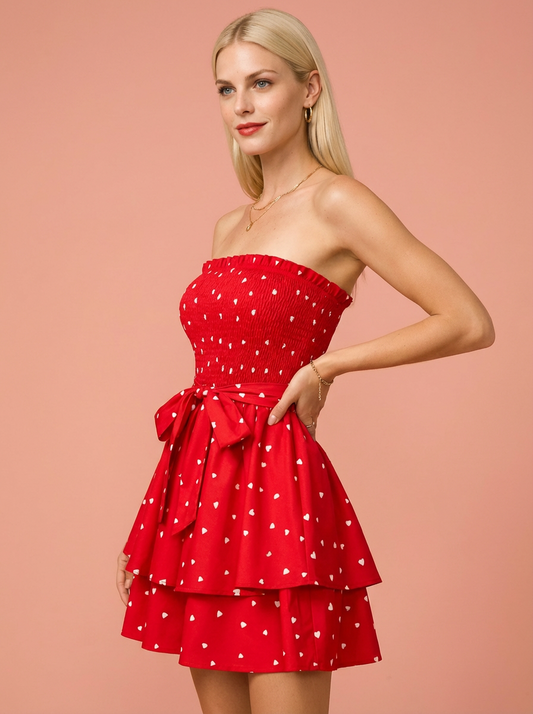 Smocked Heart Print Tube Dress