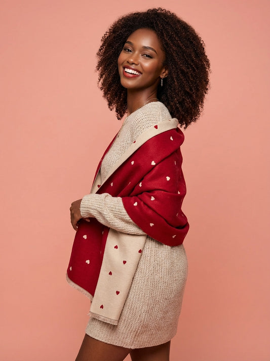 Heart-Patterned Raw Hem Winter Scarf