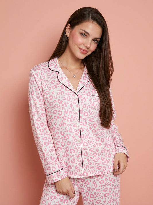 Leopard Print Button Up Top and Pants 2cps Pajama Set
