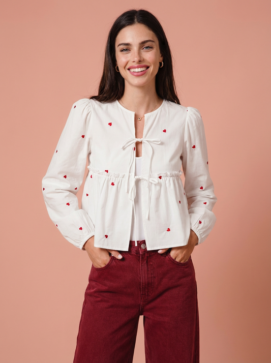 So Lovely Front Tie Heart Embroidered Blouse With Puff Sleeve