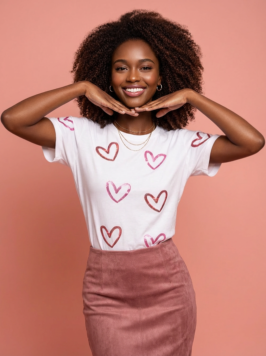 Sequin Heart Short Sleeve Casual Tee