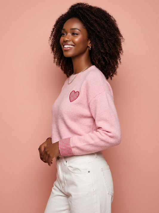 Lori Plaid Heart Embroidered Cuffed Drop Shoulder Sweater