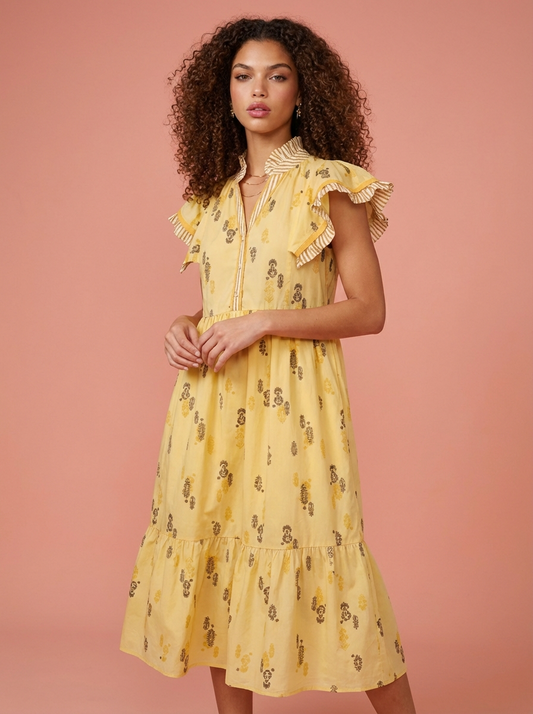 Umgee Floral Ruffle Sleeve Tiered Midi Dress