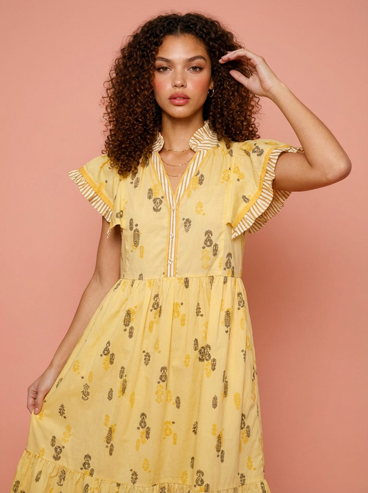 Umgee Floral Ruffle Sleeve Tiered Midi Dress
