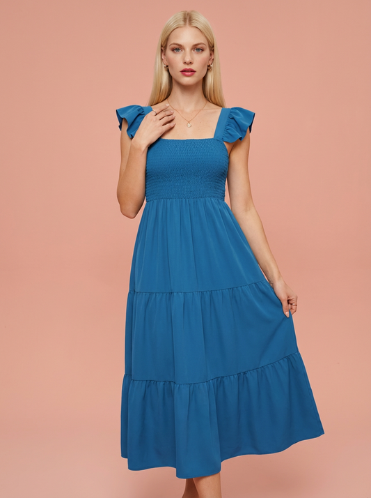 Smocked Square Neck Cap Sleeve Midi Dress