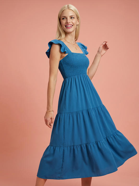 Smocked Square Neck Cap Sleeve Midi Dress
