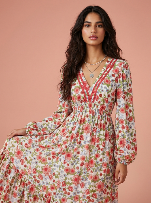 Floral Print V-Neck Bohemian Midi Dress