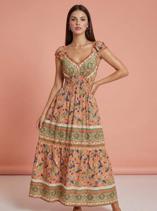 Smocked Printed V-Neck Cap Sleeve Dress