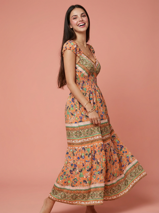 Smocked Printed V-Neck Cap Sleeve Dress