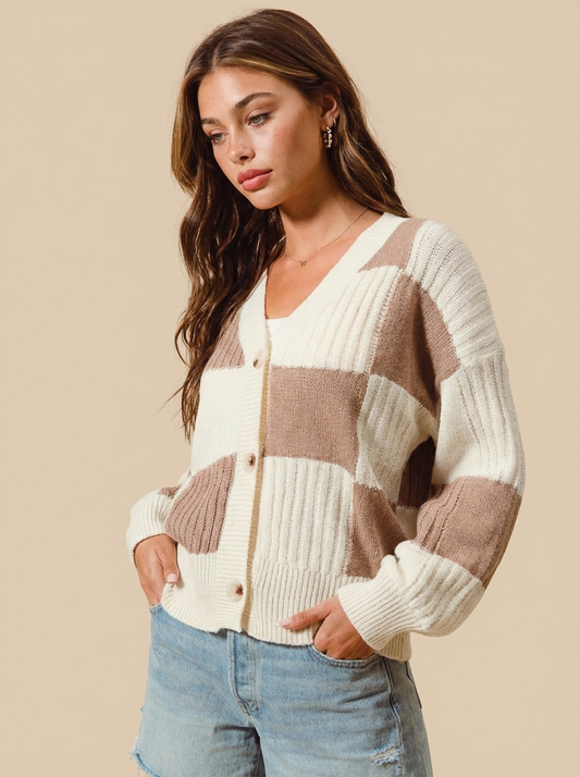 Darling Checkered Button Front Ribbed Sweater Cardigan