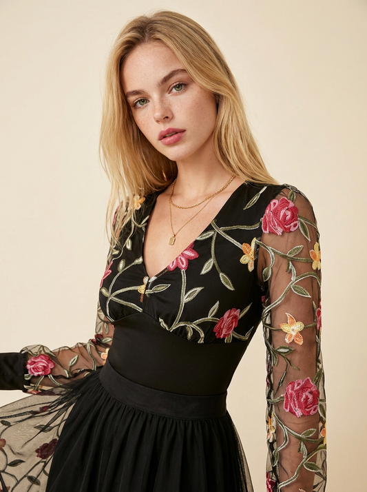 Perfee Embroidered V-Neck Long Sleeve Bodysuit