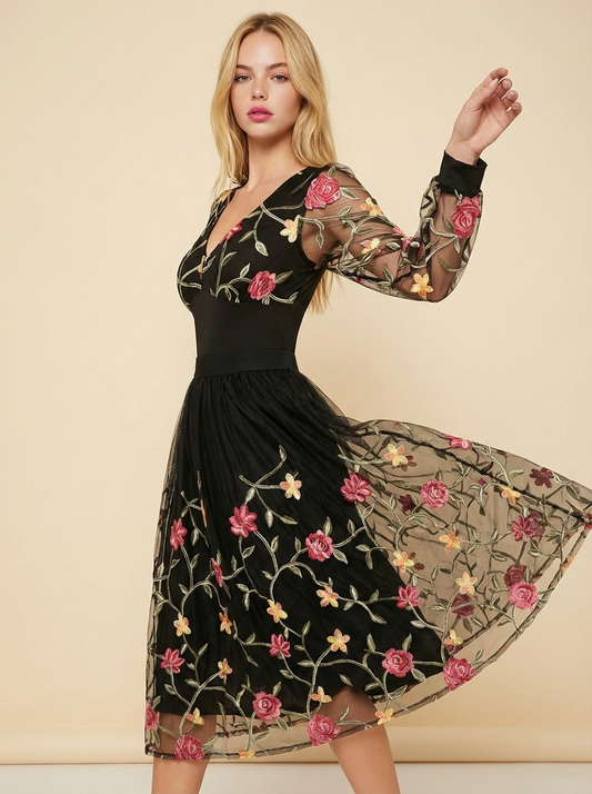 Perfee Embroidered V-Neck Long Sleeve Bodysuit