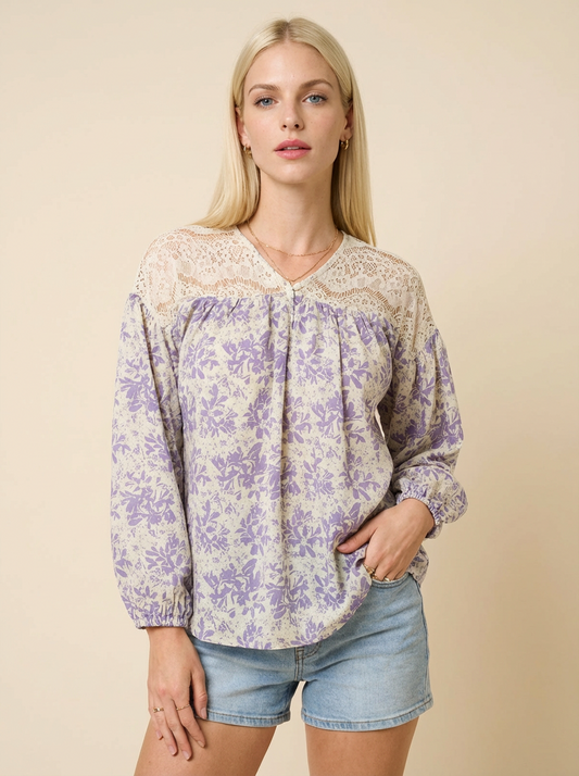 Hailey & Co Full Size Lace Detail Printed Blouse