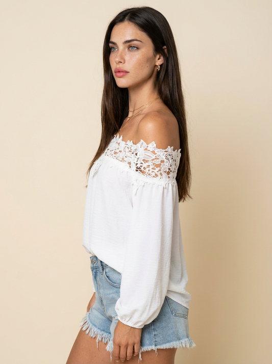 Lace Trim Textured Off-Shoulder Blouse