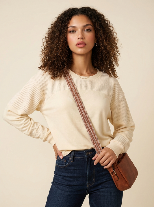 Waffle-Knit Round Neck Long Sleeve Top