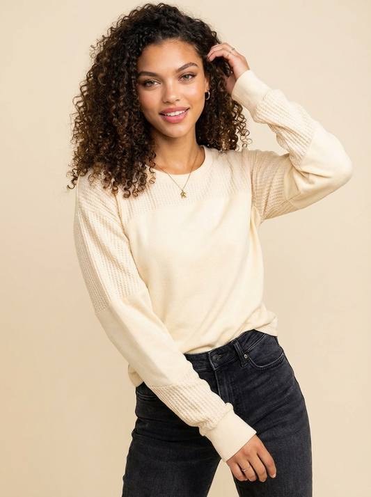 Waffle-Knit Round Neck Long Sleeve Top