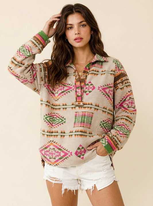 Geometric Half Button Long Sleeve Sweatshirt