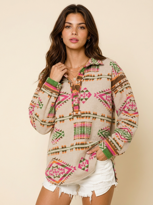 Geometric Half Button Long Sleeve Sweatshirt