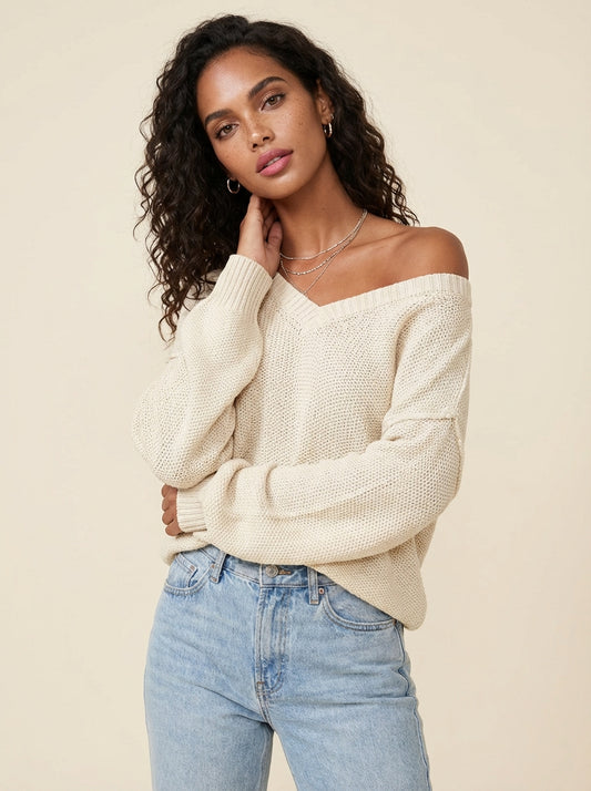 V-Neck Ribbed Dropped Shoulder Knit Top