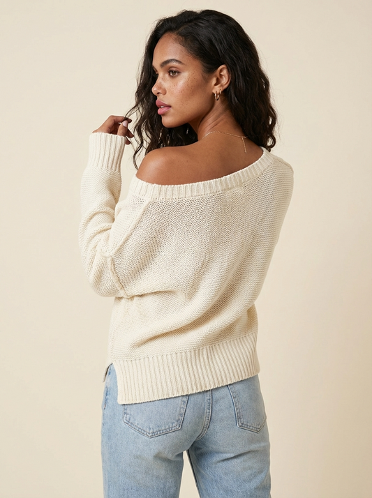 V-Neck Ribbed Dropped Shoulder Knit Top
