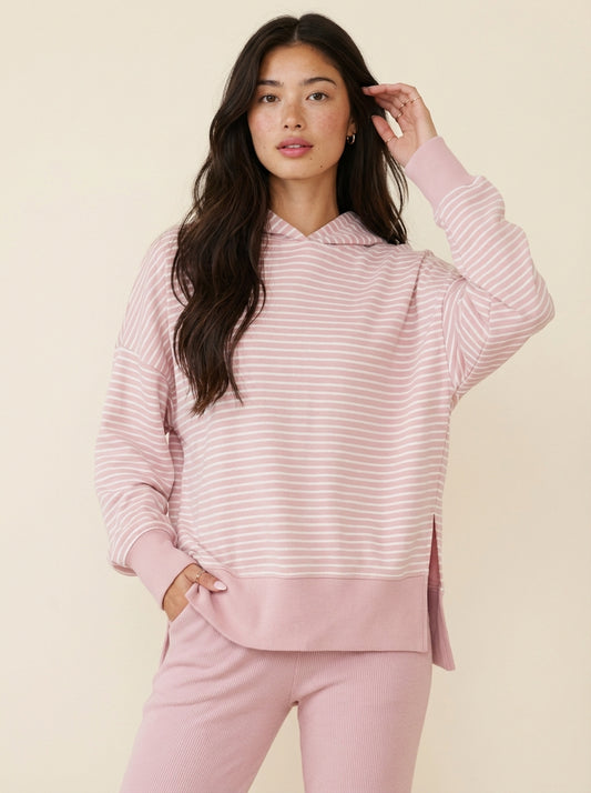 Stripe Thumbhole Side Slits Drop Shoulder Loose Fit Hoodie