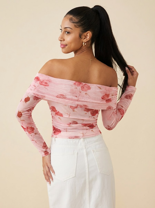 Deevani Floral Print Off-Shoulder Mesh Top