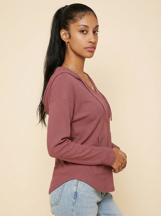 Cecile Waffle Knit Long Sleeve Hooded Top