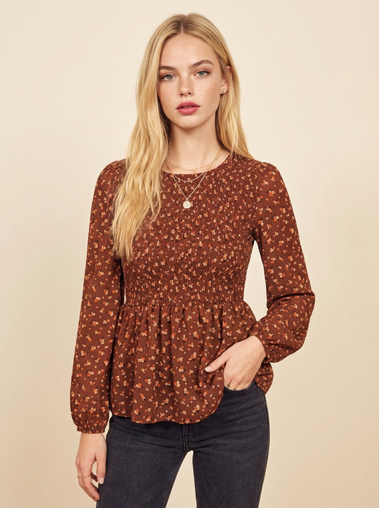 Floral Smocked Ruffle Hem Long Sleeve Blouse