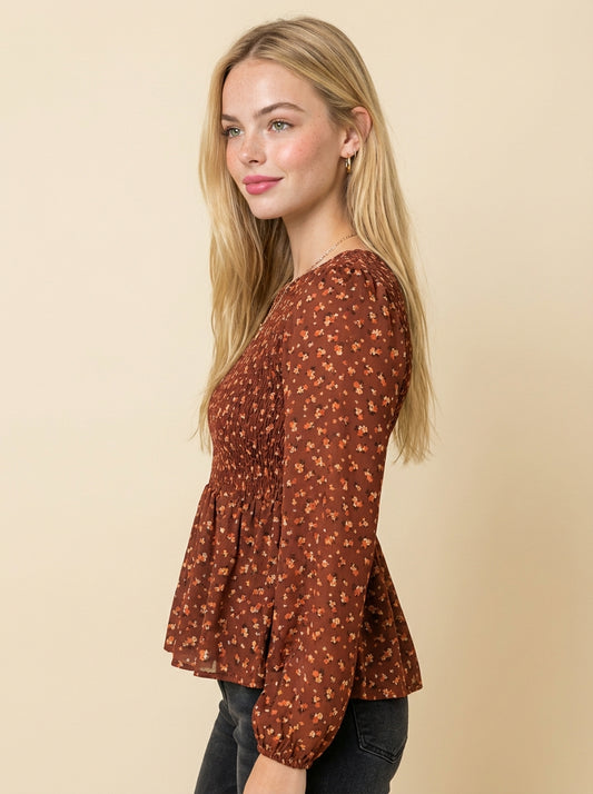 Floral Smocked Ruffle Hem Long Sleeve Blouse