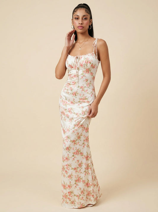 Floral Print Tie Strap Bodycon Maxi Dress