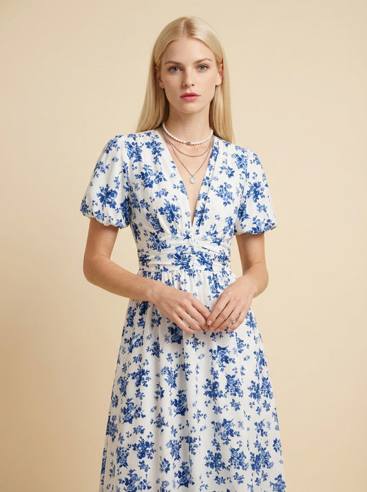 Floral Print V-Neck Puff Sleeve Dress